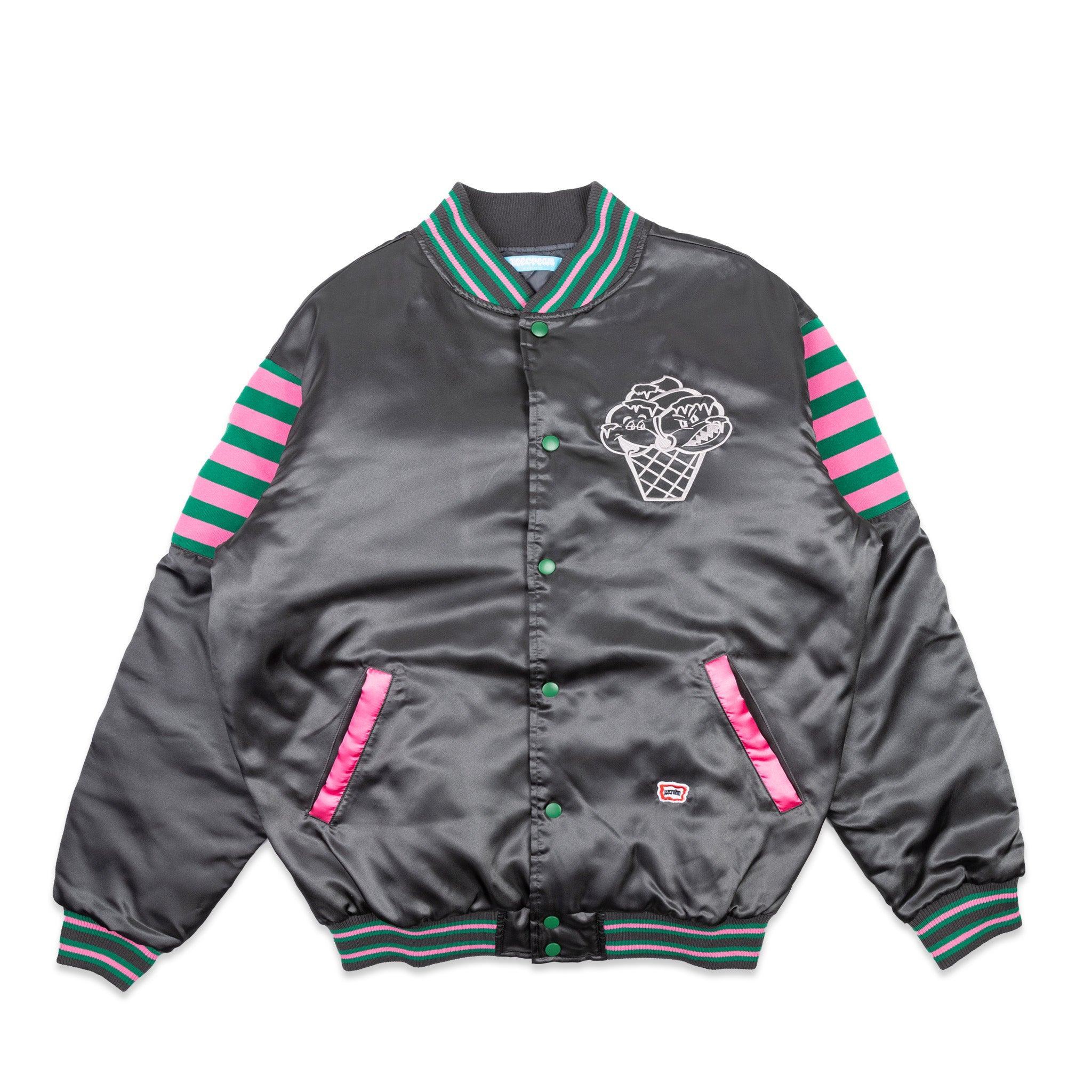 White Satin Baseball Jacket with Pink pockets and Knit lines